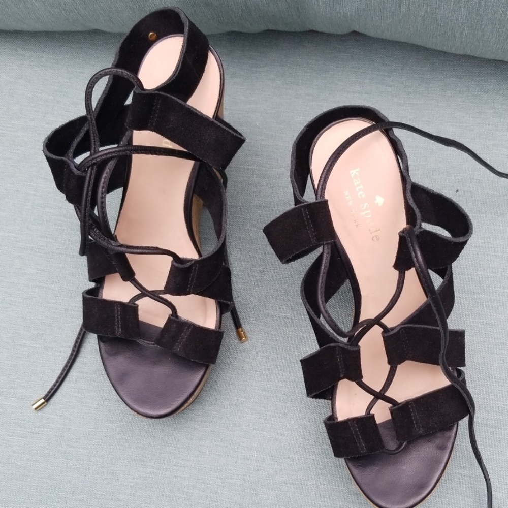 Rare! Kate Spade Black Suede Leather Wrap Around Strap Cork Sandals 7.5/ 8